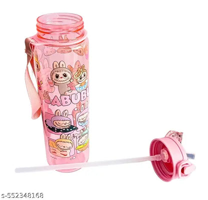 Labubu Theme Water Bottle for Kids – 800 ml Multicolor Sipper with Straw – BPA-Free Flip Top Bottle (Pack of 1, Pink, Multicolor)